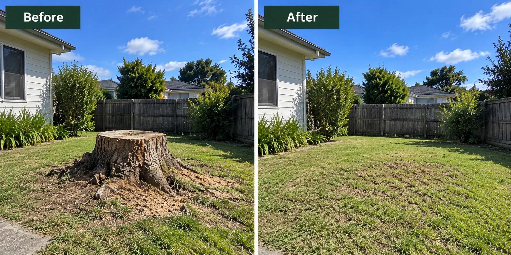 Before and after stump grinding at a West Auckland property