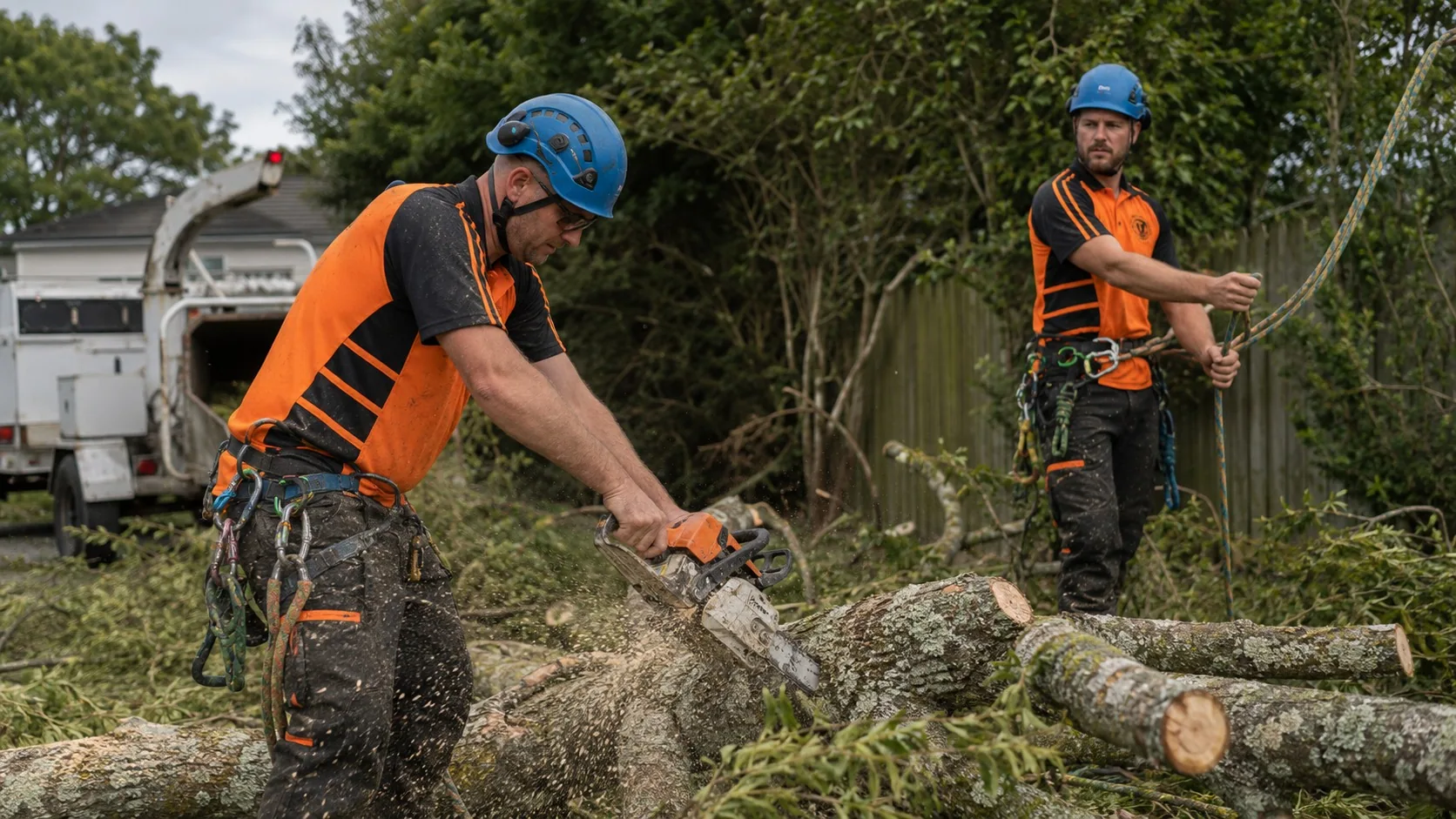 West Auckland tree contractors cutting felled timber into rounds