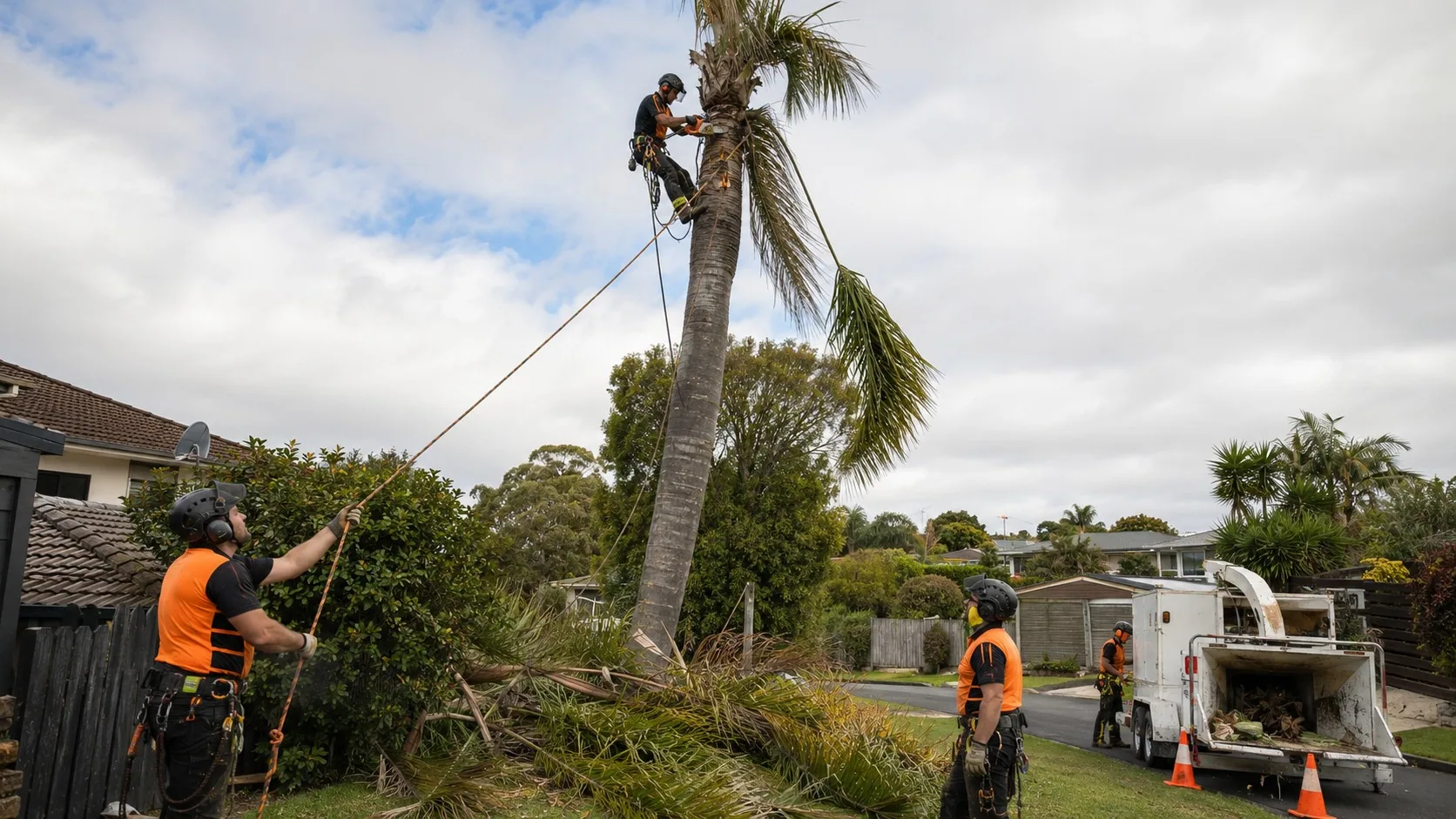 Arborist removing a mature palm from a West Auckland property